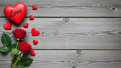 Valentine's day theme with heart and roses on wooden background