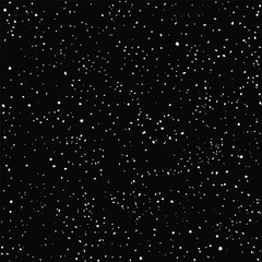 Falling snow flakes, Isolated on black background. Winter snowfall. Outer space, starry dark sky, seamless pattern. Vector illustration	