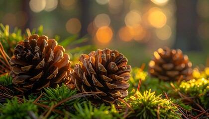 Close-up of pine cones resting on green moss and needles, sunlight filtering through trees in the blurred background