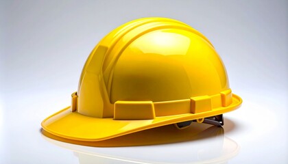Glossy yellow hard hat on reflective surface.