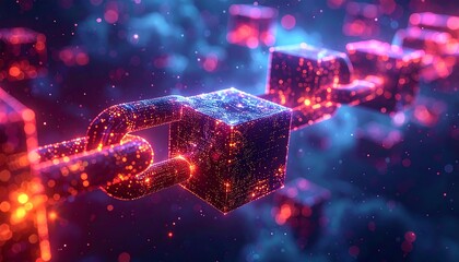 Glowing digital cubes linked in a chain, set against a blurred background