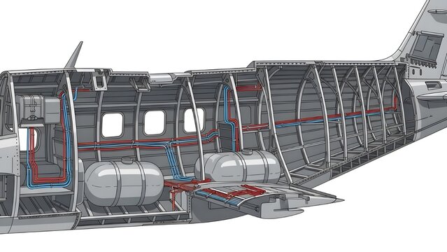 A detailed cross-section illustration of an aircraft fuselage, showcasing internal structural components such as ribs, stringers, fuel tanks, and associated plumbing systems (hydraulic or fuel lines)