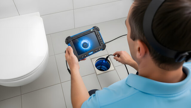 Professional plumber performing drain inspection using video camera equipment | Technician surveying blocked sewer pipe with borescope | CCTV drain survey showing interior pipe condition on tablet