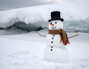 Obraz premium Festive snowman with a top hat and scarf stands in a snowy landscape near an ice formation