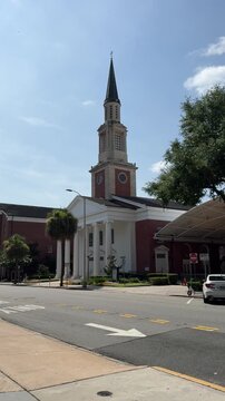 Orlando, Florida, USA, June 19, 2025: DOLLY SHOT - The First Presbyterian Church of Orlando. The church's sanctuary showcases impressive Gothic-inspired architecture.