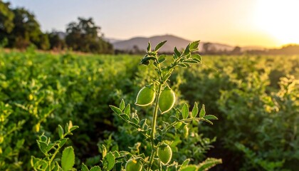Close-up of plant with green pods in sunlit field, soft focus background with distant mountains and setting sun