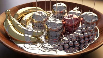 Luxury Still Life with Silver and Gold Metallic Fruits in Wooden Bowl
