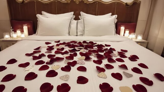 A king-size bed is arranged with rose petals and heart-shaped confetti. Candles glow softly along the sides, creating a warm atmosphere for St. Valentines celebration