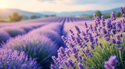Lavender field background, serene and fragrant mood, rendered in soft purple and green strokes with copy space