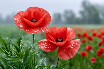 Red poppies blooming in spring with water drops
