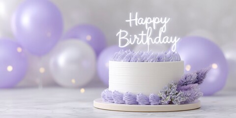 a beautiful birthday cake with a neon sign saying Happy Birthday balloons, confetti, and fireworks in the background, a purple color theme