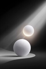 minimalist black and white digital art of two spheres, one glowing slightly more than the other, set against a dark background.