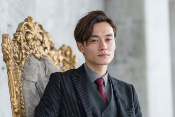 a handsome japanese man in a black pinstripe suit and red tie, sitting on an ornate, throne like chair with gold baroque accents.