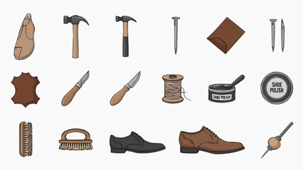 Collection of leather crafting tools and accessories displayed on a clean background from a straightforward viewpoint