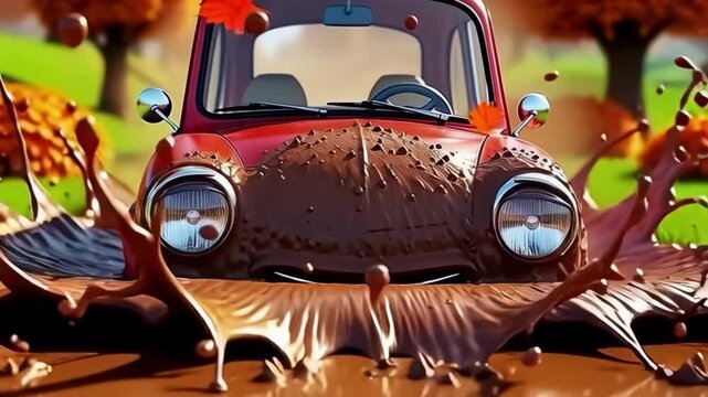 Red animated car with a smiling face driving fast through a deep mud puddle, splashing dirt on an autumn road for a playful adventure concept