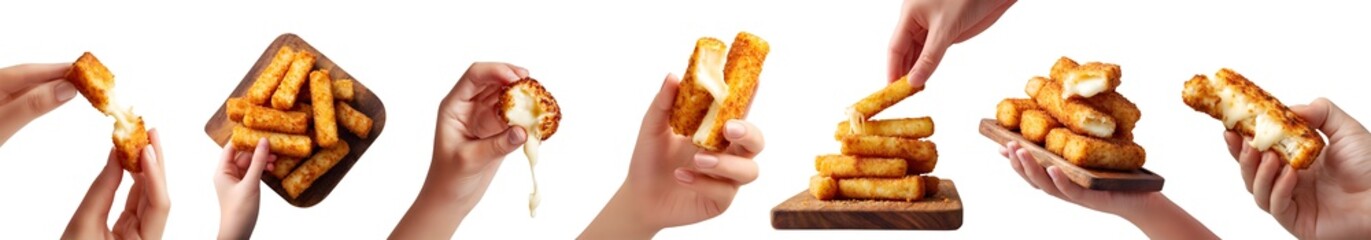 Set of hand holding crispy fried cheese mozzarella sticks , golden brown cheesy melting, wooden serving board, broken bitten stack pile, transparent cutout PNG. Many different style. Mockup design