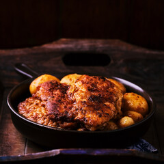 Fried chicken breast with potatoes. Rustic wooden background. Soft focus.