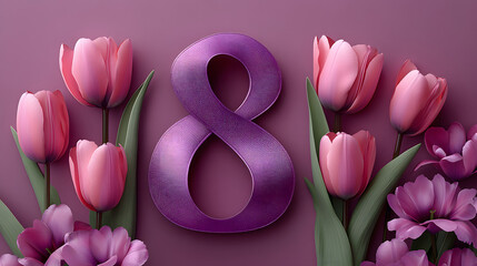 Number eight in purple surrounded by pink tulips and flowers on a purple background