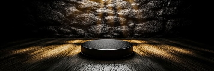 Empty Minimalist Stage with Dramatic Light and Shadow, product podium mockup for advertising card template presentation on black background, studio setting display