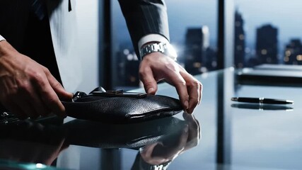 Hands slowly pulling money bag toward center of desk, ownership and control concept - Powered by Adobe