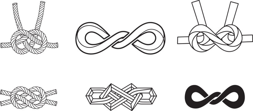 Collection of various illustrations featuring rope knots and infinity symbols in line art style Vector