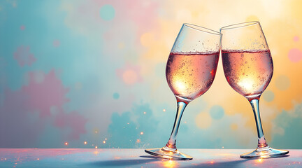 Toasting glasses background, joyful and friendly mood, two pastel-colored wine glasses clinking with light reflections against soft backdrop with copy space