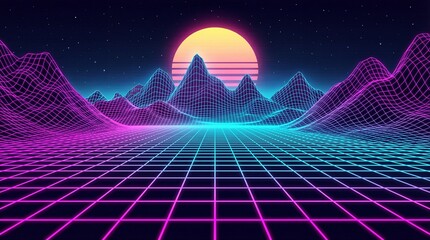 Synthwave retro landscape with neon grid and glowing sun. 80s futuristic sci-fi background.