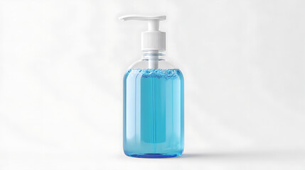 A plastic pump bottle filled with blue liquid isolated on white background. Hygiene and cleanliness concept