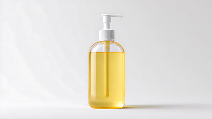 A plastic pump bottle filled with yellow liquid isolated on white background. Hygiene and cleanliness concept