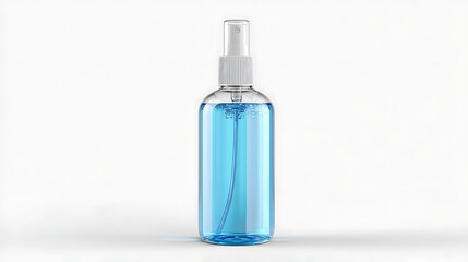 A plastic spray bottle filled with blue liquid isolated on white background. Hygiene and cleanliness concept