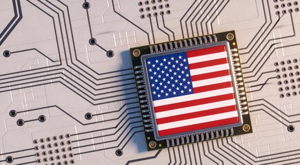 American Flag Embedded on CPU Chipset – 3D Technology Concept for U.S. Semiconductor Production and Hardware Innovation
