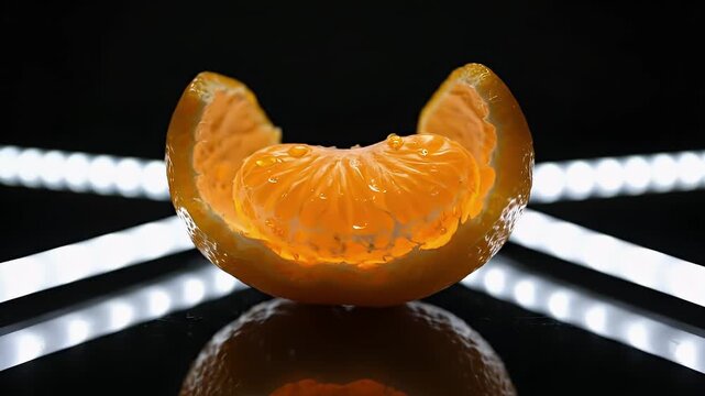 Close Up Juicy Mandarin Orange Slice Reflection Studio Lighting Black Background White Lights