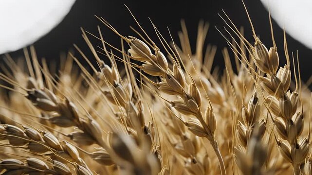 Close Up Macro Of Golden Wheat Field Stalks Illuminated By Soft Sunlight In A Rural Landscape
