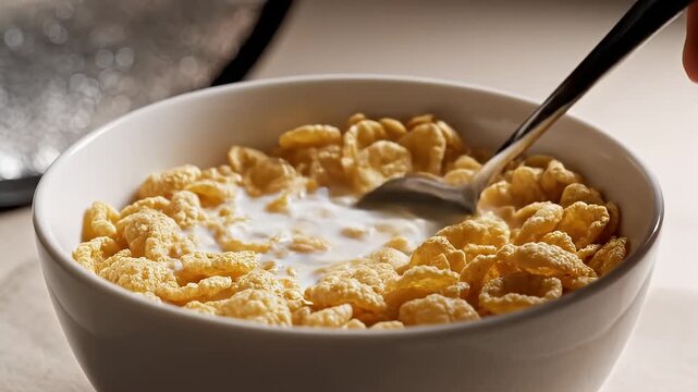 Close Up of Creamy Milk Pouring Onto Golden Corn Flakes Cereal in White Bowl with Spoon