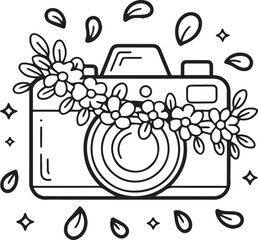 Vintage photo camera adorned with delicate spring flowers and falling petals line art drawing vector illustration