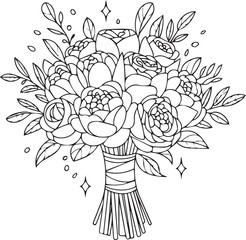 Detailed line art drawing of lush wedding bouquet featuring roses and peonies tied with ribbon isolated monochrome vector illustration