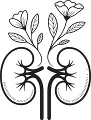 Stylized human kidneys paired with blossoming branches in continuous line drawing concept