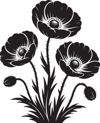 Detailed black silhouette vector of blossoming poppy plants with unopened buds and sharp leaves