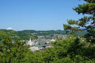 Obraz premium Sunlit framed view of Japanese castle walls and moat