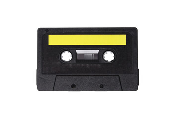 Fototapeta premium Black Cassette Tape with Yellow Label PNG – Classic Retro Audio Music Cassette, Vintage 80s 90s Mixtape Style, Front View Old School Analog Recording Tape Isolated High Resolution PNG