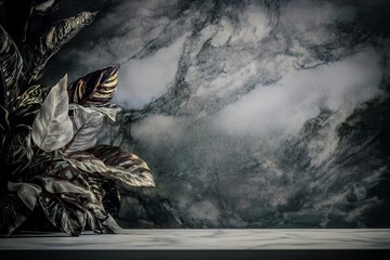 Empty product podium mockup for advertising card template presentation on marble wall background with tropical leaves, studio lights and shadows setting display