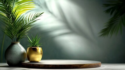Empty product podium mockup for advertising card template presentation on wall background with tropical leaves, studio lights and shadows setting display