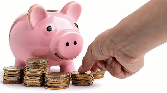 Pink piggy bank coin stacks saving money with cost capital investment savings and money investment