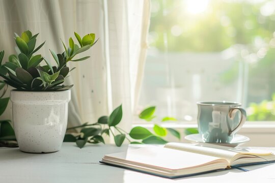 Clean desk with plant and notebook under soft daylight, mental reset and self-care concept.