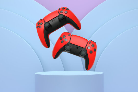 Colorful gaming controllers joystick levitating over podium against abstract background, minimalist concept device on pedestal - Powered by Adobe