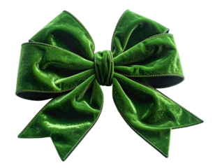 Lush, dark green velvet bow on black background. Edges highlighted. Festive, luxurious feel