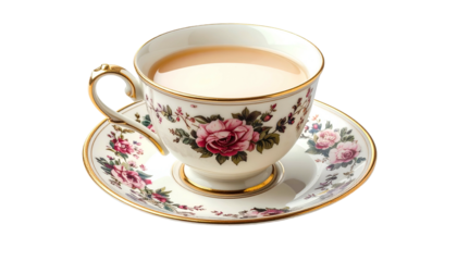A teacup and saucer filled with milky tea, ornate floral pattern, gold trim