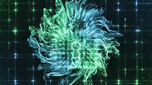 A digital padlock icon with a keyhole, created from tiny squares of green and blue, set against a dark background with scattered stars and grid lines