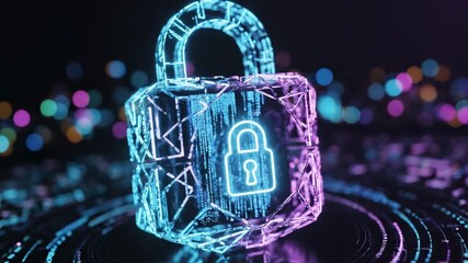A glowing, futuristic padlock with a bright light shining from its center, surrounded by neon blue and purple digital patterns - Powered by Adobe