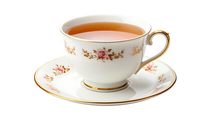 Fototapeta premium Elegant teacup with floral design, filled with amber liquid, resting on matching saucer